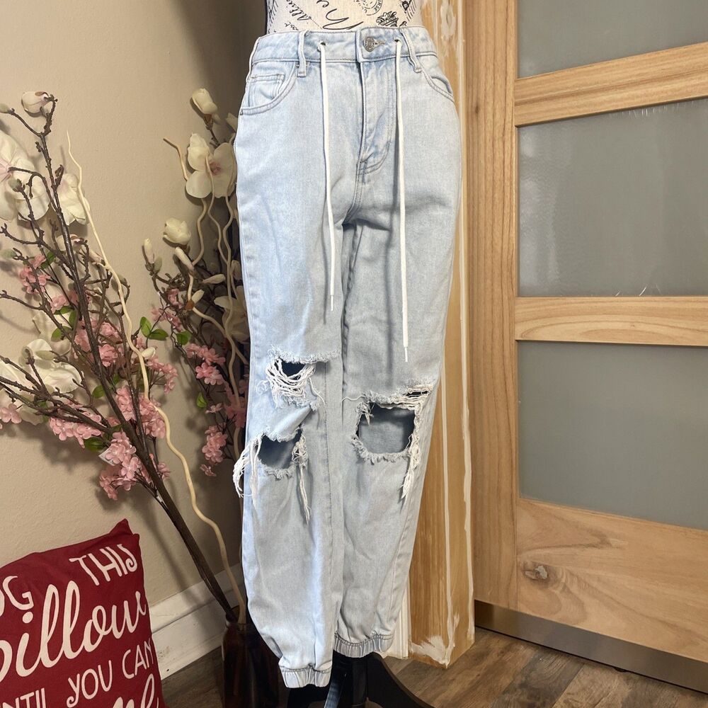 Denim Cargo Joggers Drawstring Casual Jeans Womens 25 Distressed Cotton